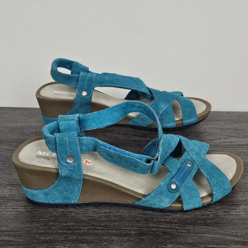 Merrell Womens Sz 8 Revalli Cross Dragonfly Blue Suede Wedge Sandals J22000